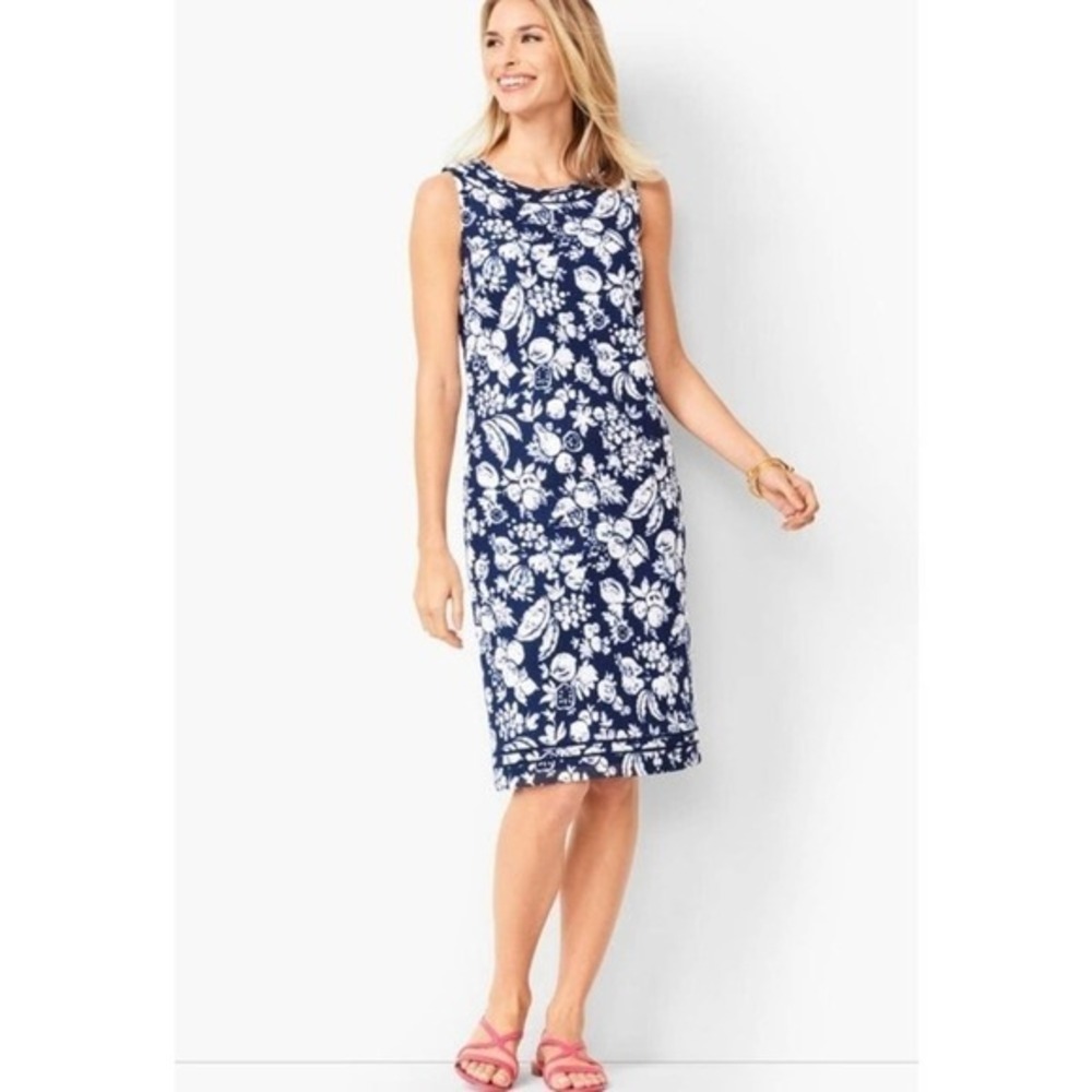 Talbots Blue and White Mixed Fruit Tropical Vacation Sheath Dress Size 8P
